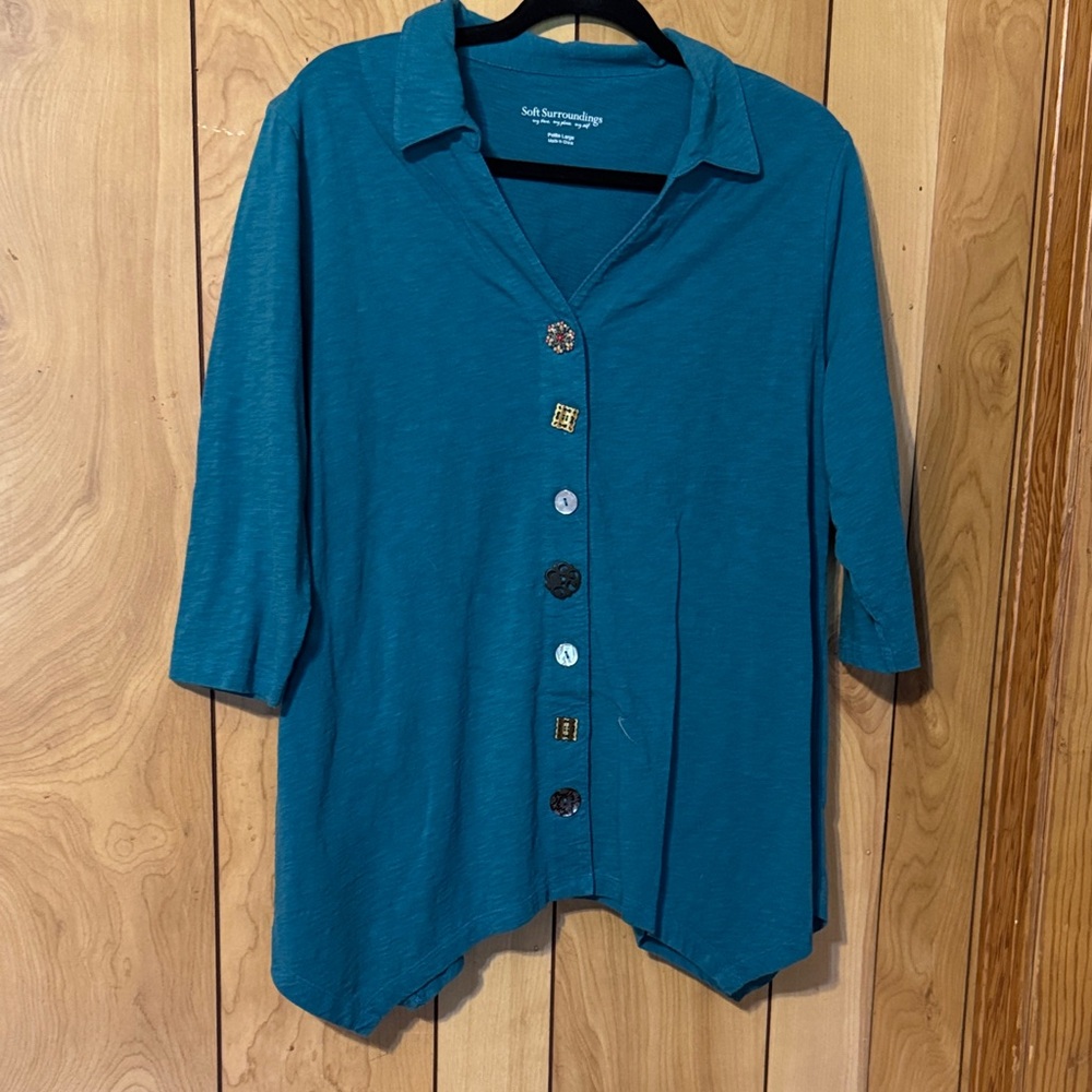 Soft Surroundings Teal Button-Down Collared Women… - image 1